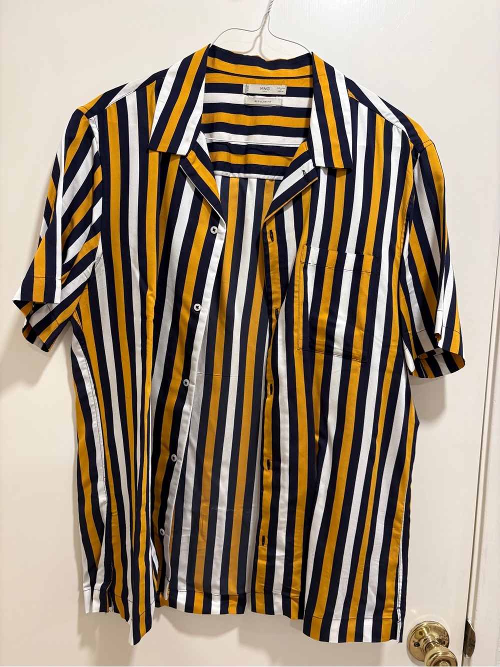 Mango Short-Sleeve Button-Down in Mustard, Black & White Stripes